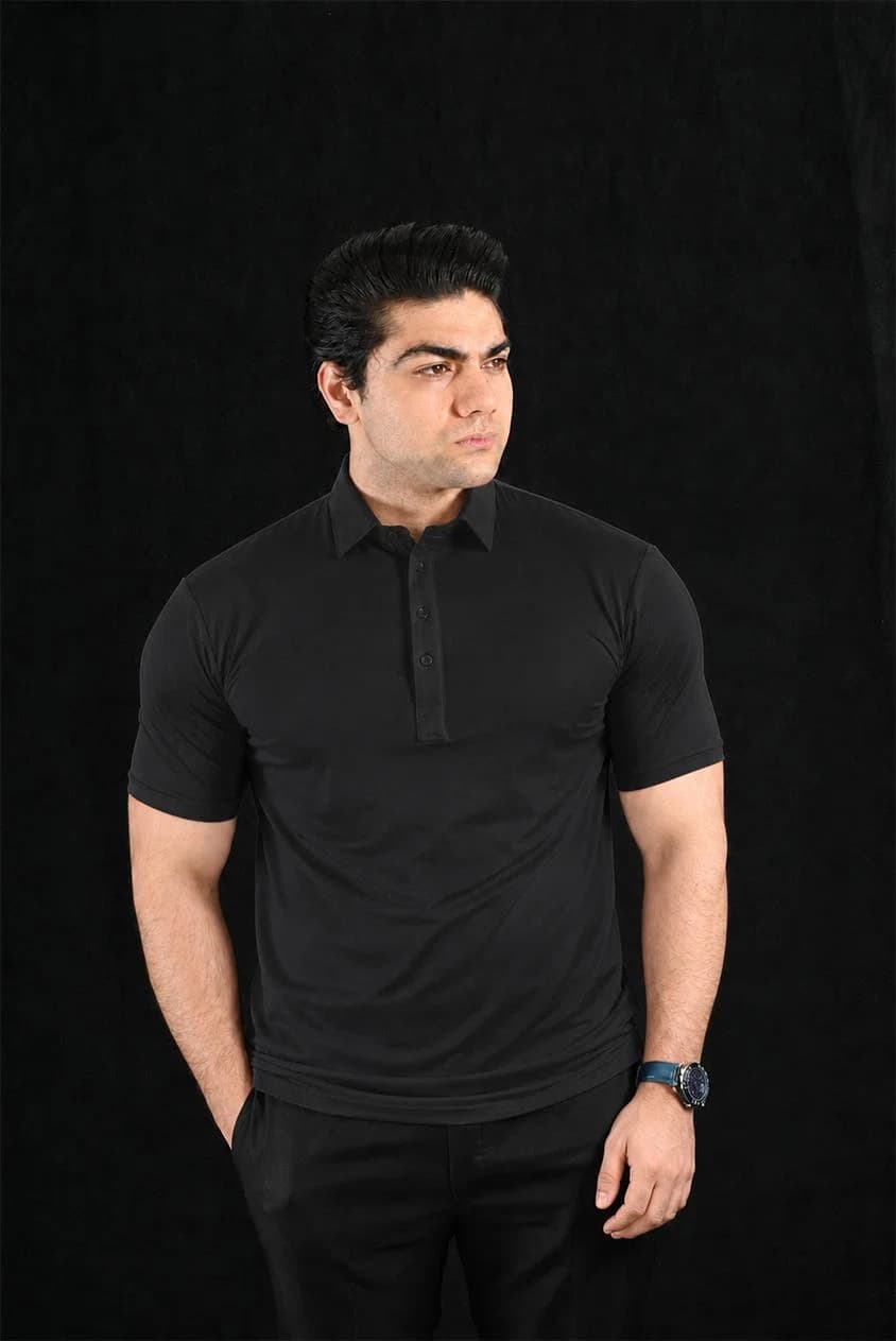Plain Black Semi-Spread Dress Collar Polo