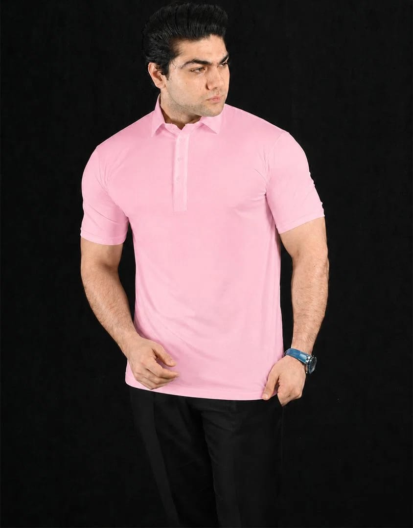 Plain Pink Semi-Spread Dress Collar Polo