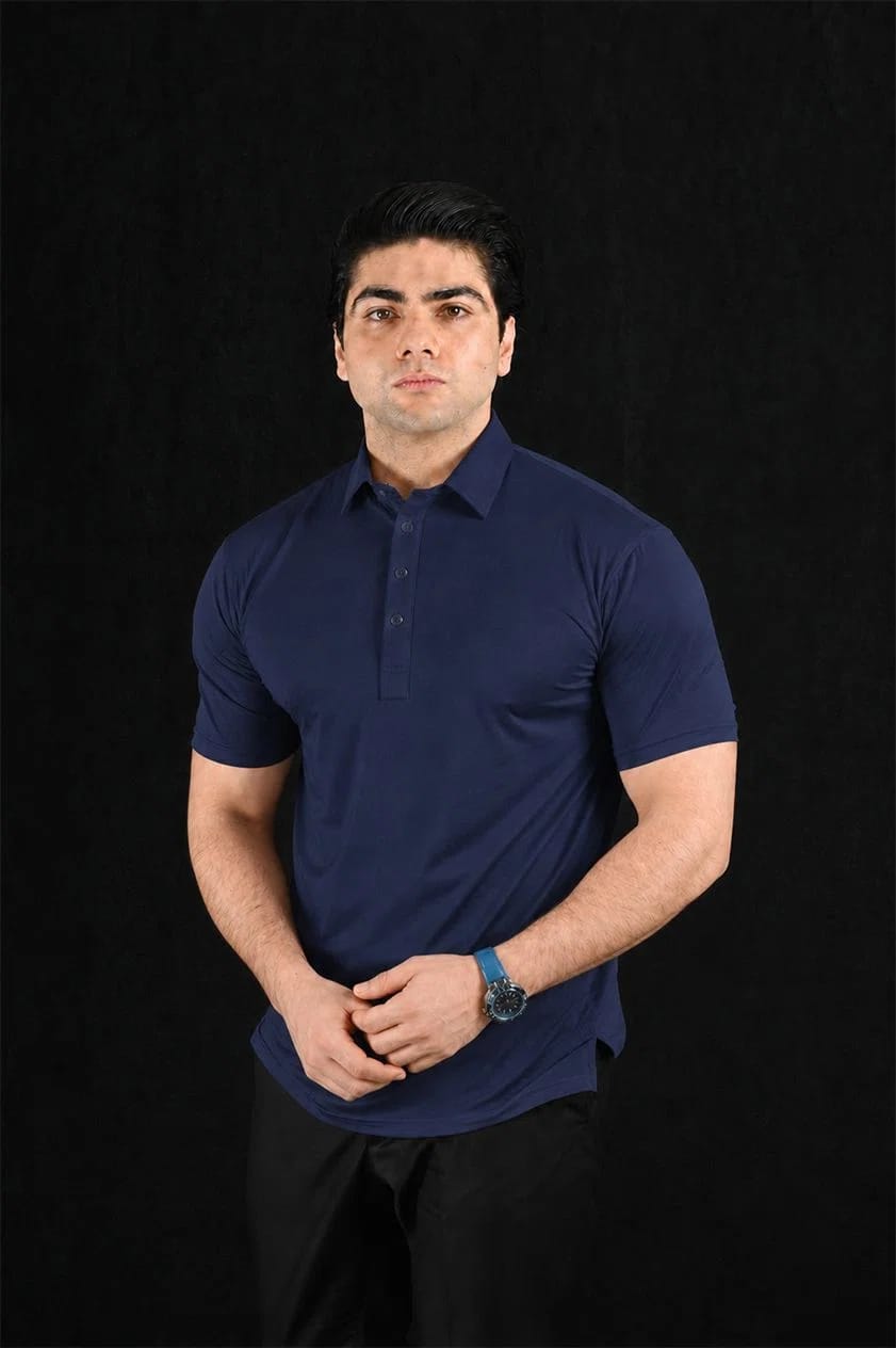 Plain Navy Semi-Spread Dress Collar Polo