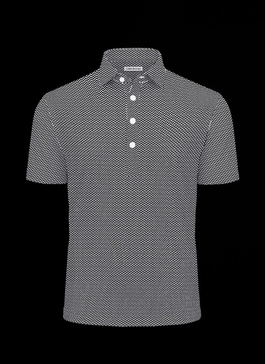 Monochrome Herringbone Semi-Spread Dress Collar Polo – View 2
