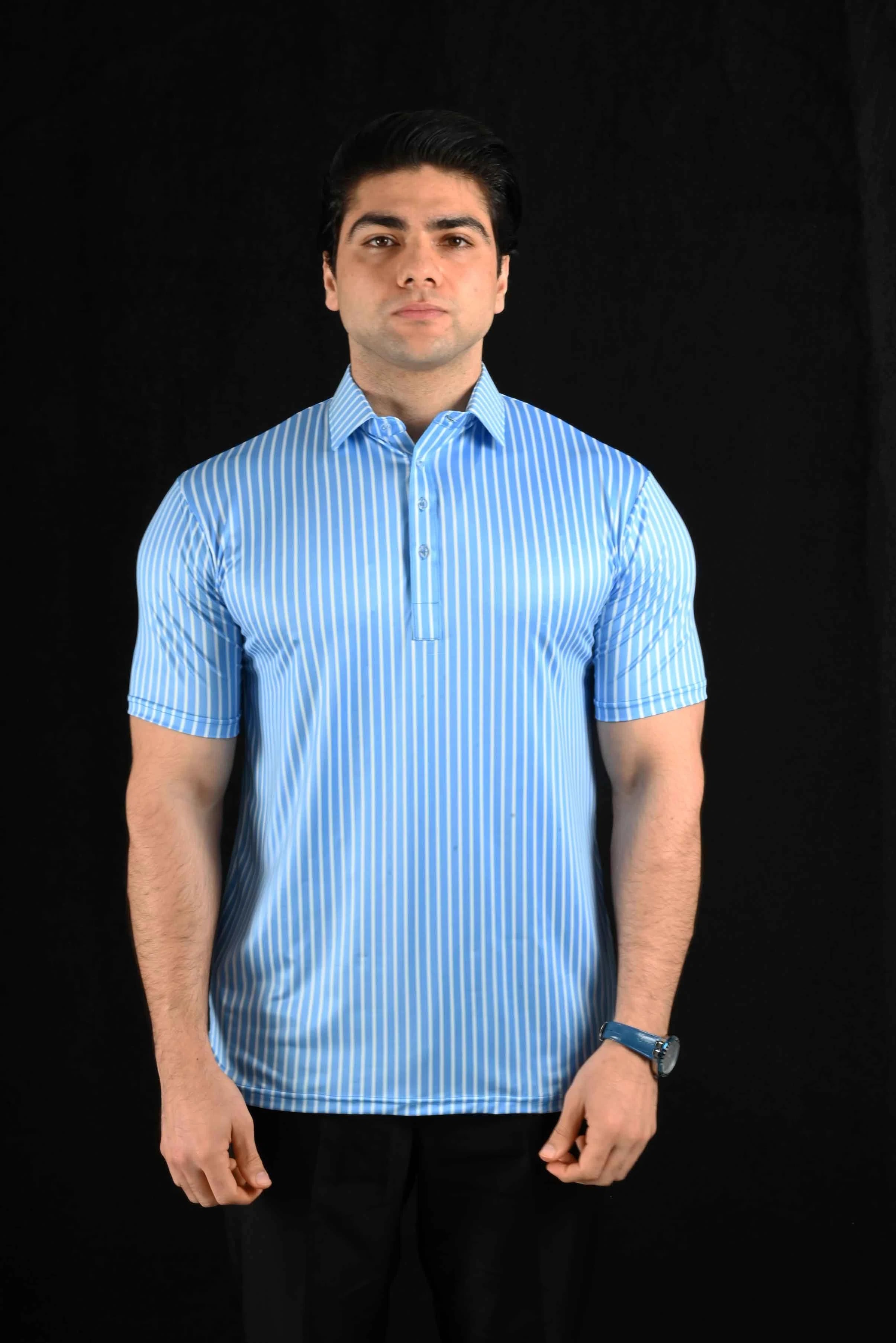 Blue White Stripes Semi-Spread Dress Collar Polo – View 1