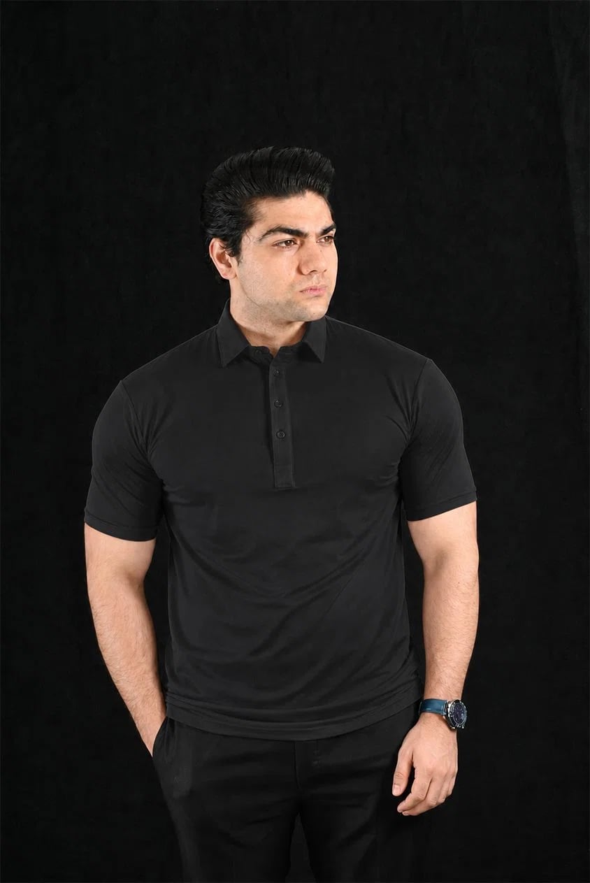 Plain Black Semi-Spread Dress Collar Polo – View 1