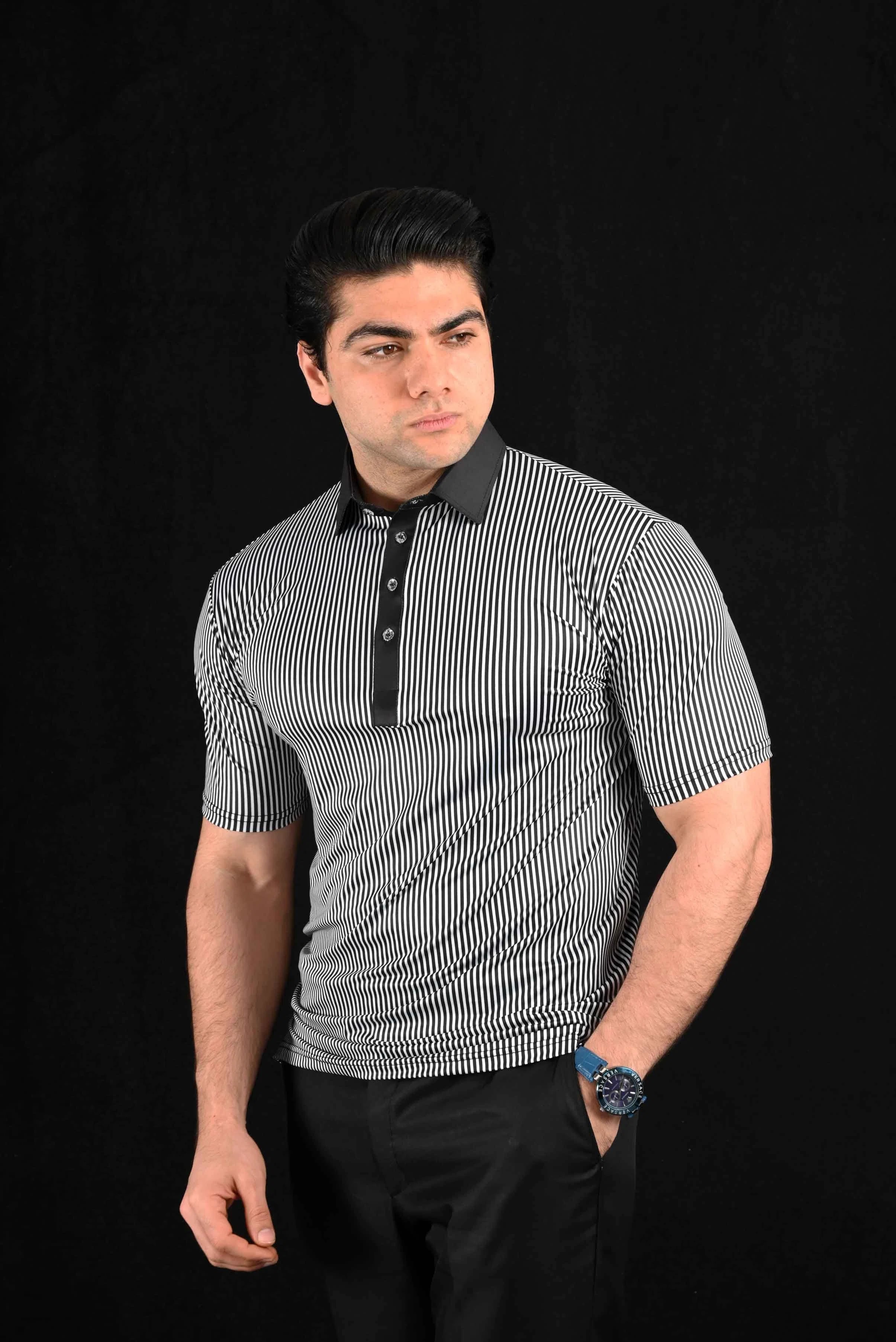 Black Stripes Semi-Spread Dress Collar Polo – View 2