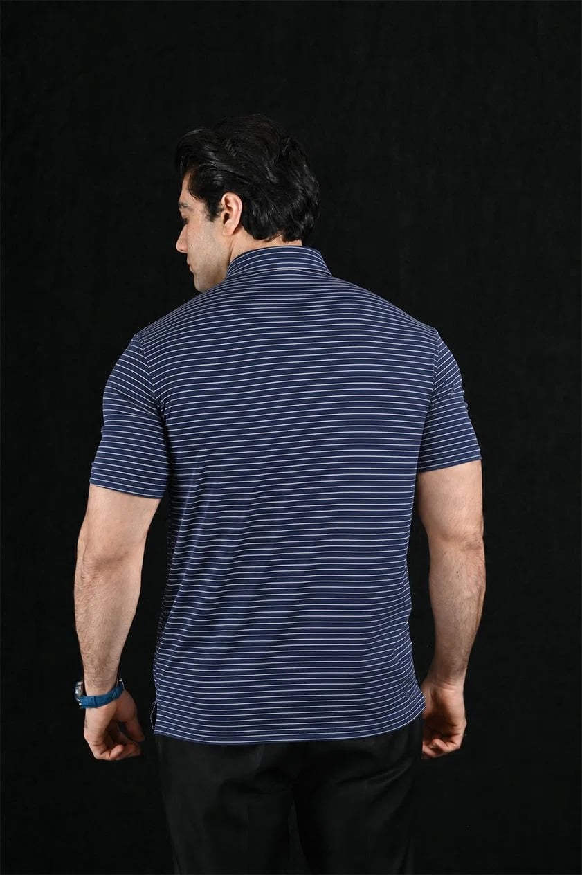 Horizon Navy Stripes Semi-Spread Dress Collar Polo – View 2