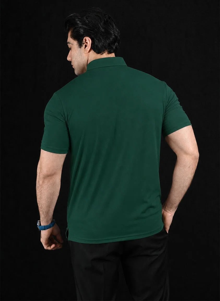 Plain Forest Green Semi-Spread Dress Collar Polo – View 2