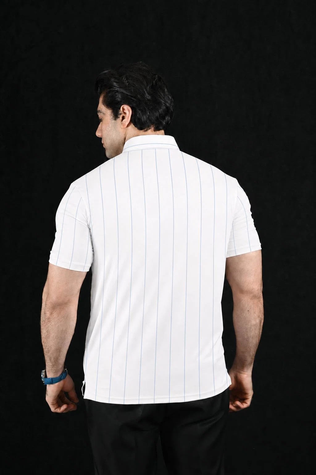 Navy White Lines Semi-Spread Dress Collar Polo – View 2