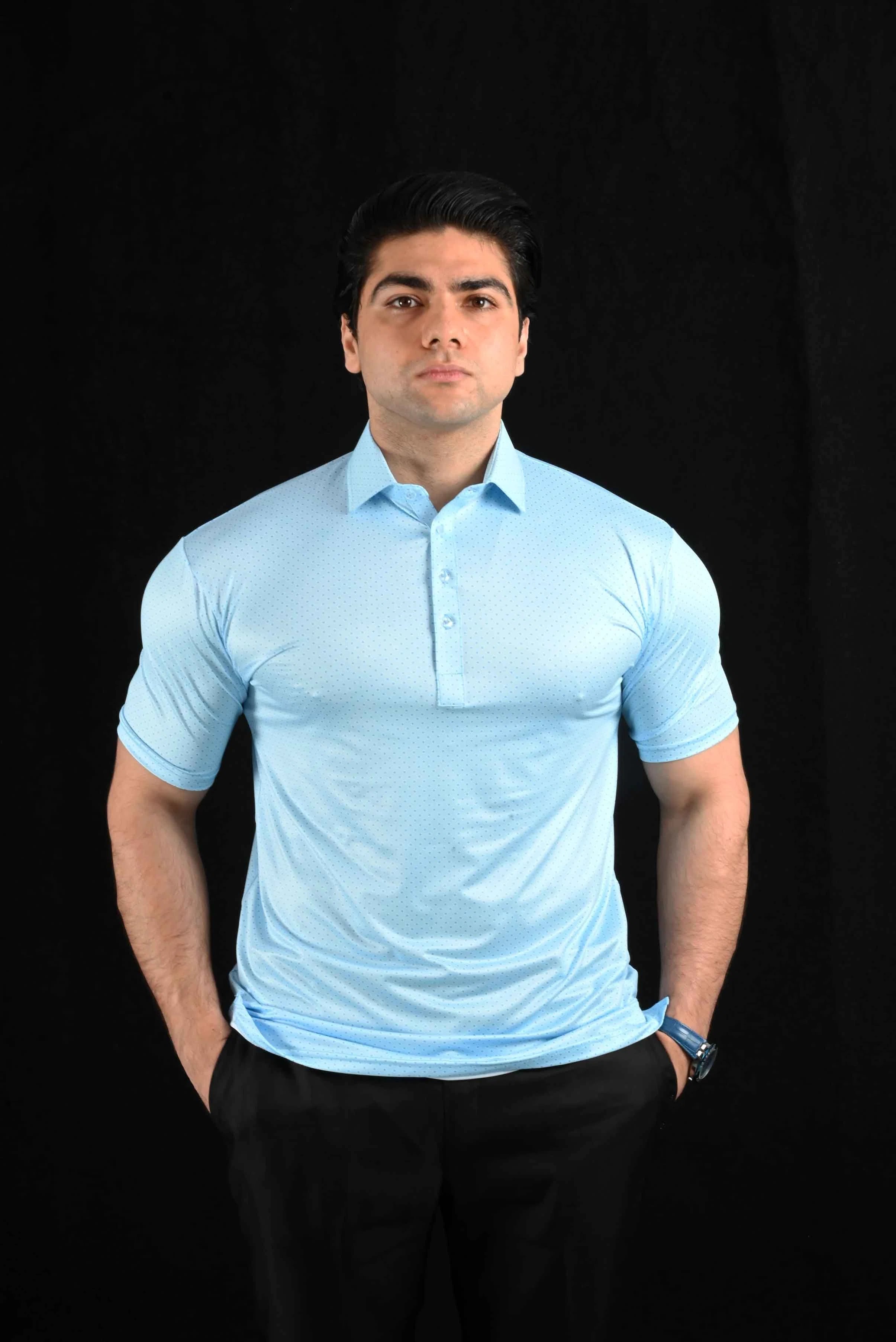 Blue Polka Dots Semi-Spread Dress Collar Polo – View 1