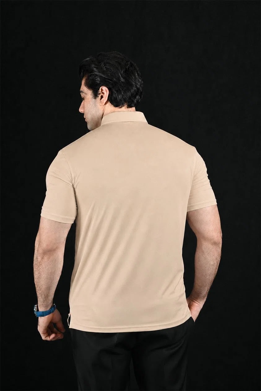 Plain Beige Semi-Spread Dress Collar Polo – View 2