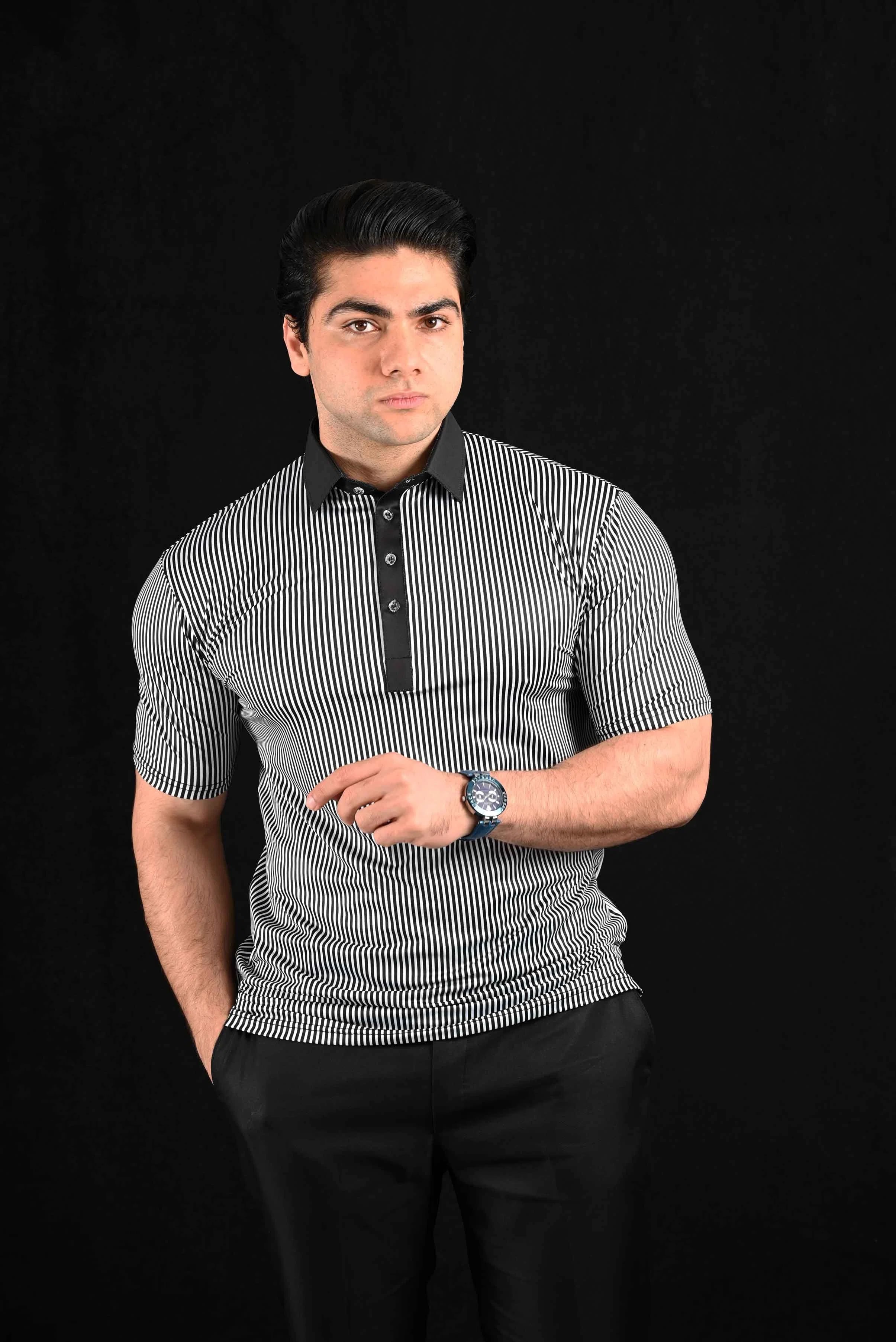Black Stripes Semi-Spread Dress Collar Polo – View 1