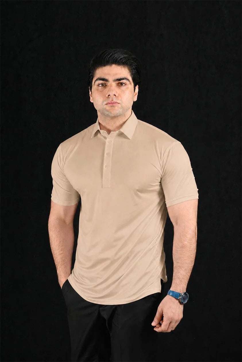 Plain Beige Semi-Spread Dress Collar Polo – View 1