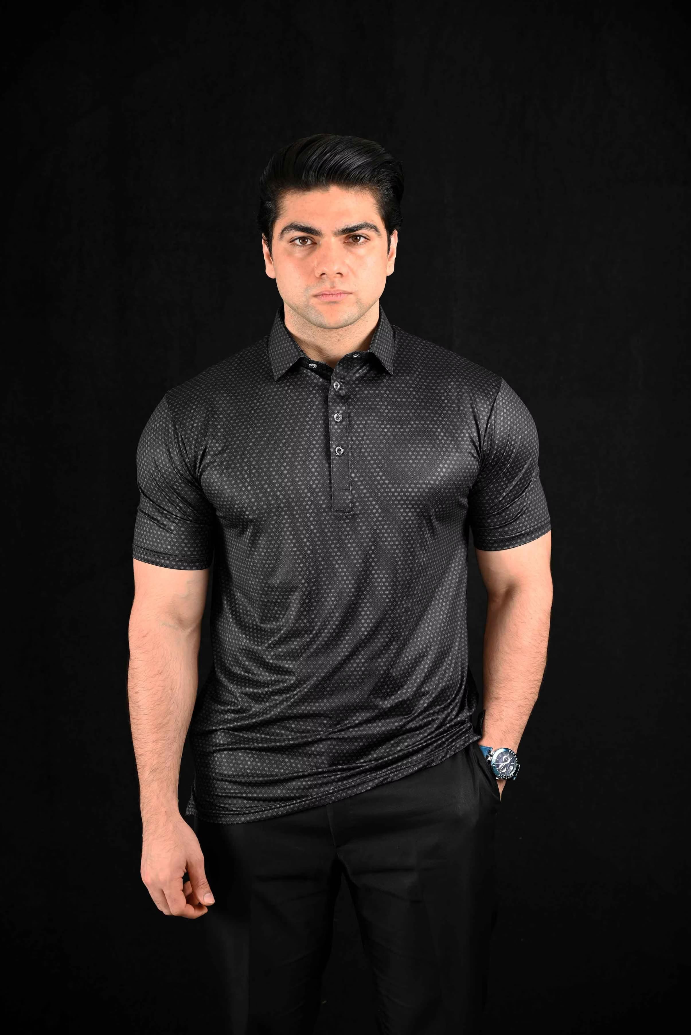 Deep Black Crown Semi-Spread Dress Collar Polo – View 1