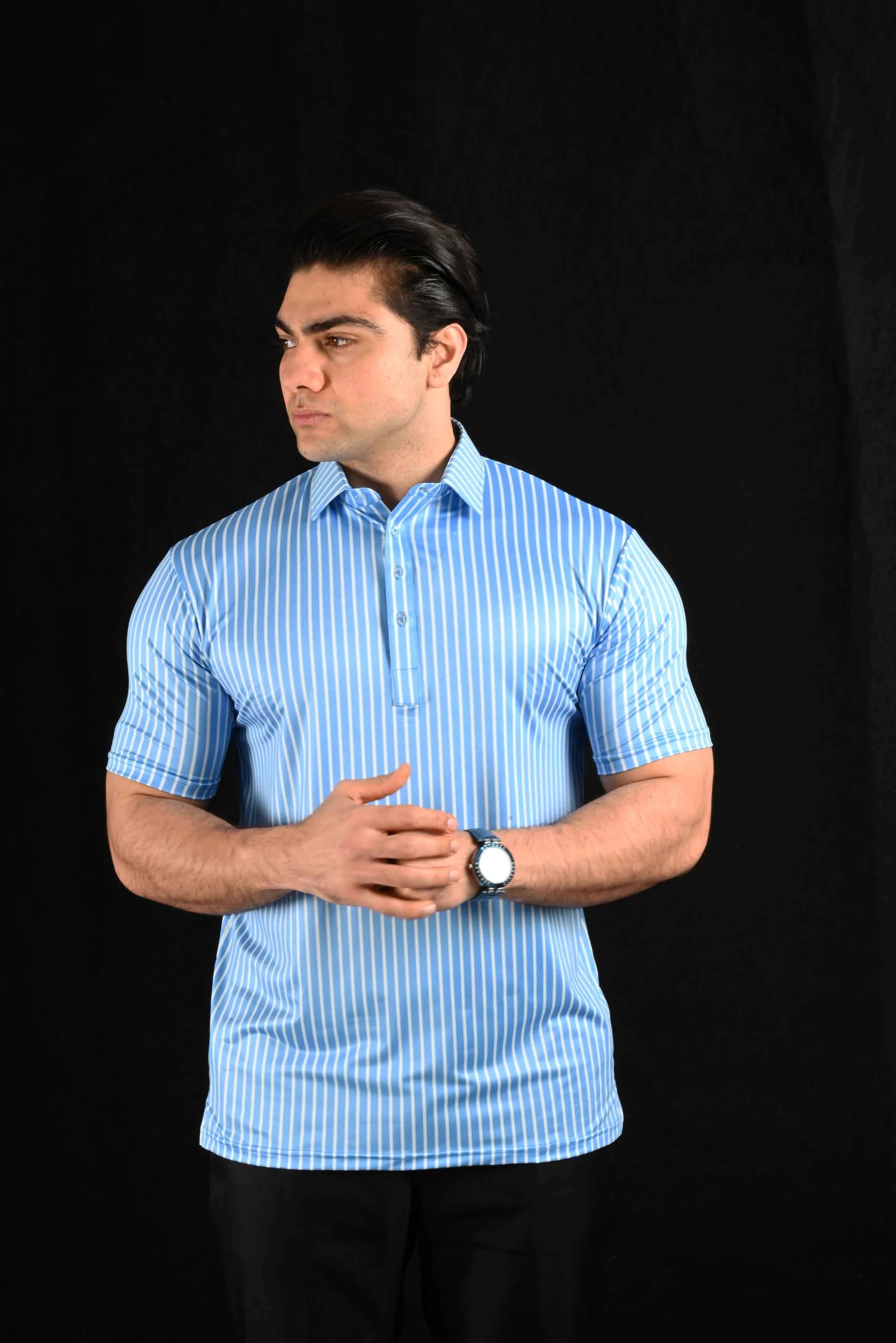 Blue White Stripes Semi-Spread Dress Collar Polo – View 2