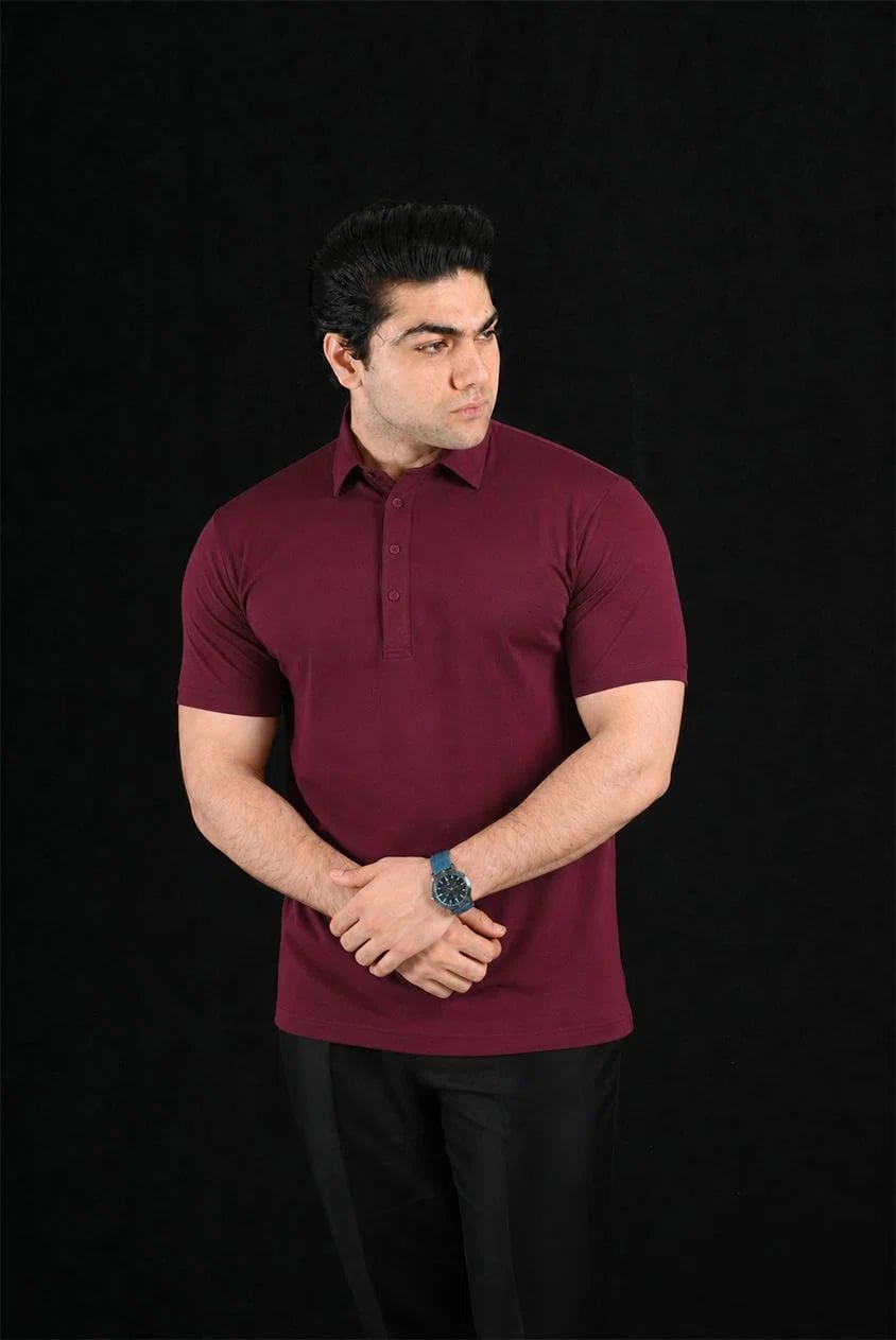 Plain Burgundy Semi-Spread Dress Collar Polo – View 1