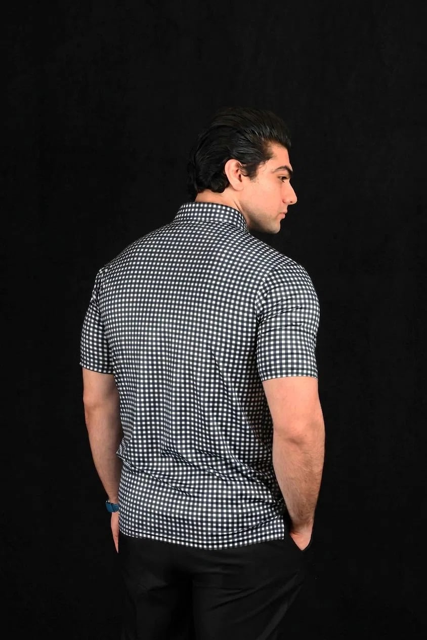 Black Check Semi-Spread Dress Collar Polo – View 2