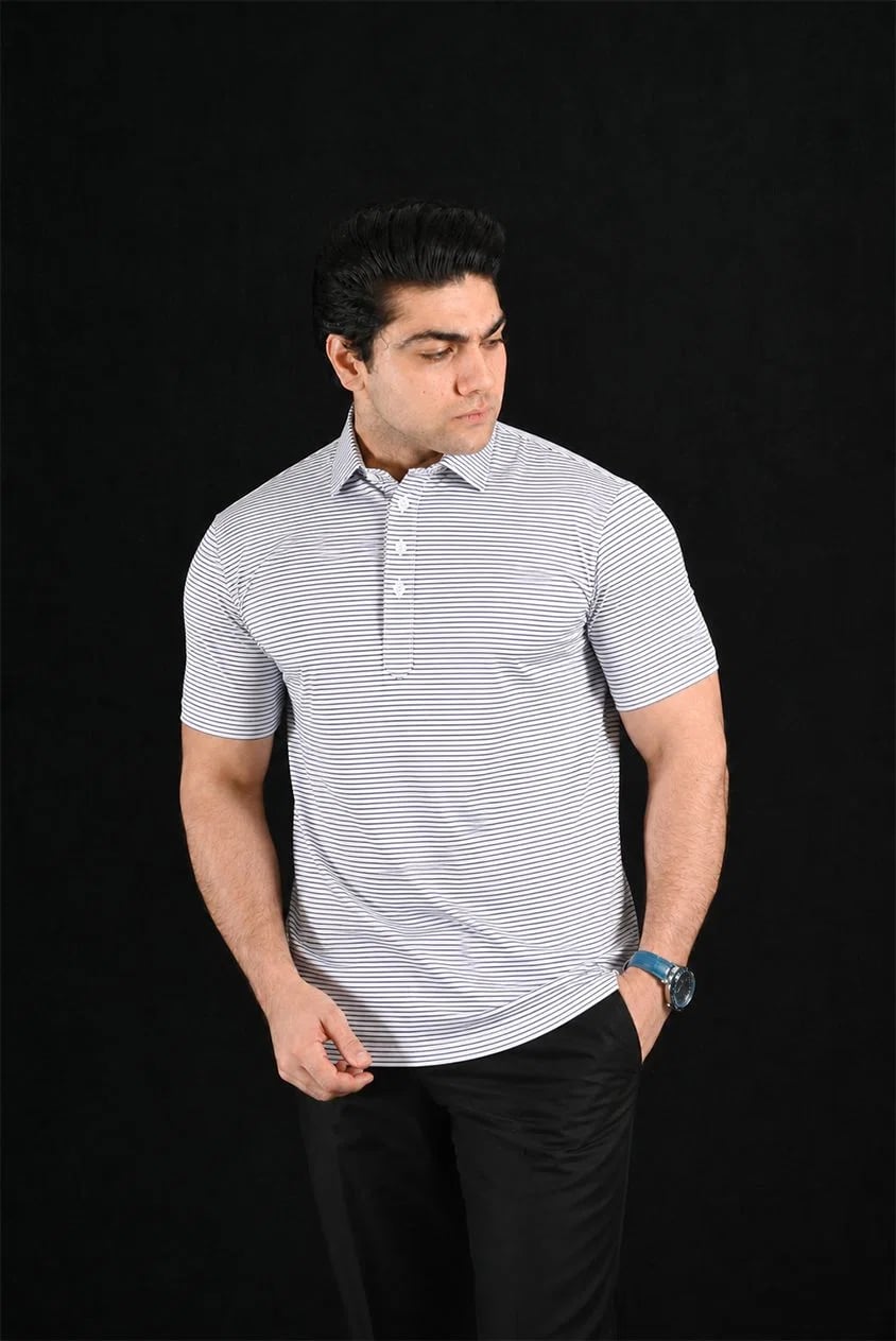 Horizon White Stripes Semi-Spread Dress Collar Polo – View 1