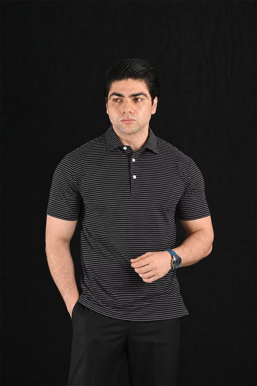 Horizon Black Strips Semi-Spread Dress Collar Polo – View 1