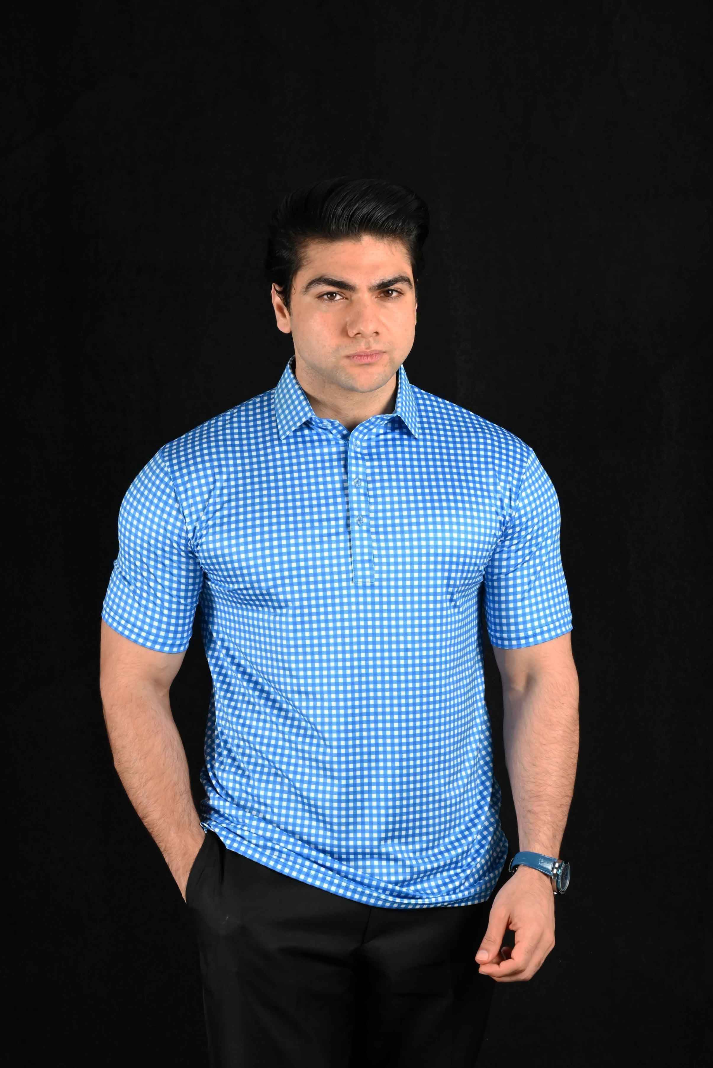 Light Blue Window Check Semi-Spread Dress Collar Polo – View 1