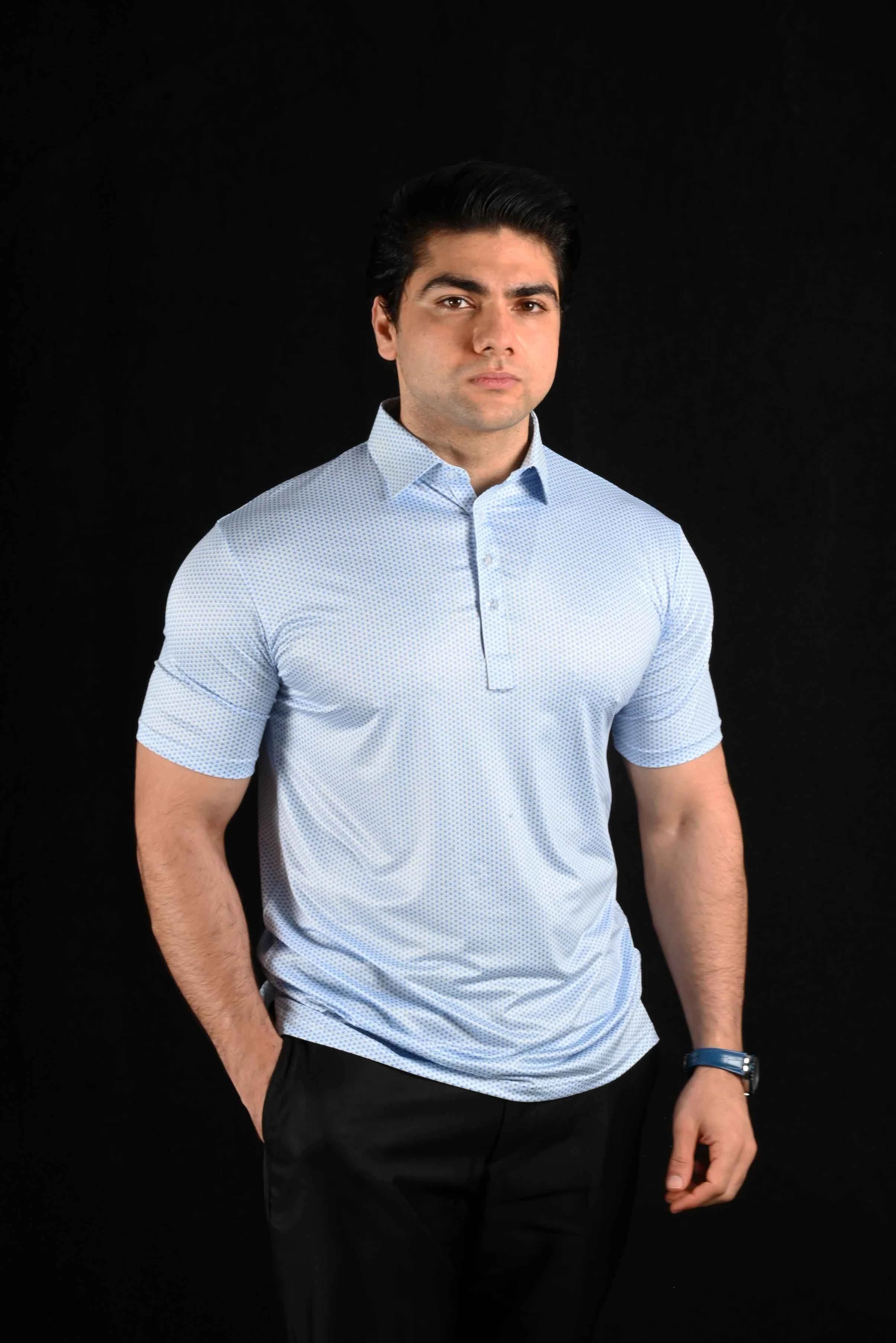 Micro Geometry light blue Semi-Spread Dress Collar Polo – View 2