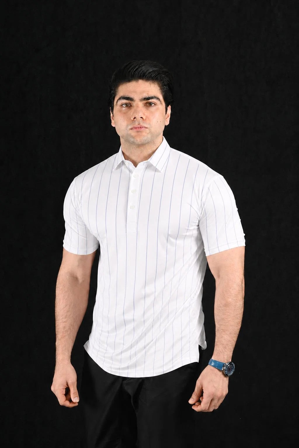 Navy White Lines Semi-Spread Dress Collar Polo – View 1