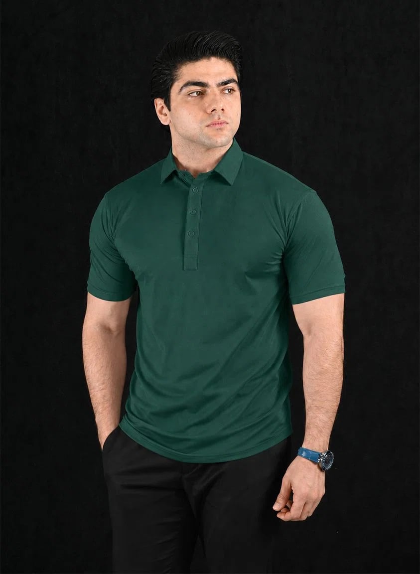 Plain Forest Green Semi-Spread Dress Collar Polo – View 1