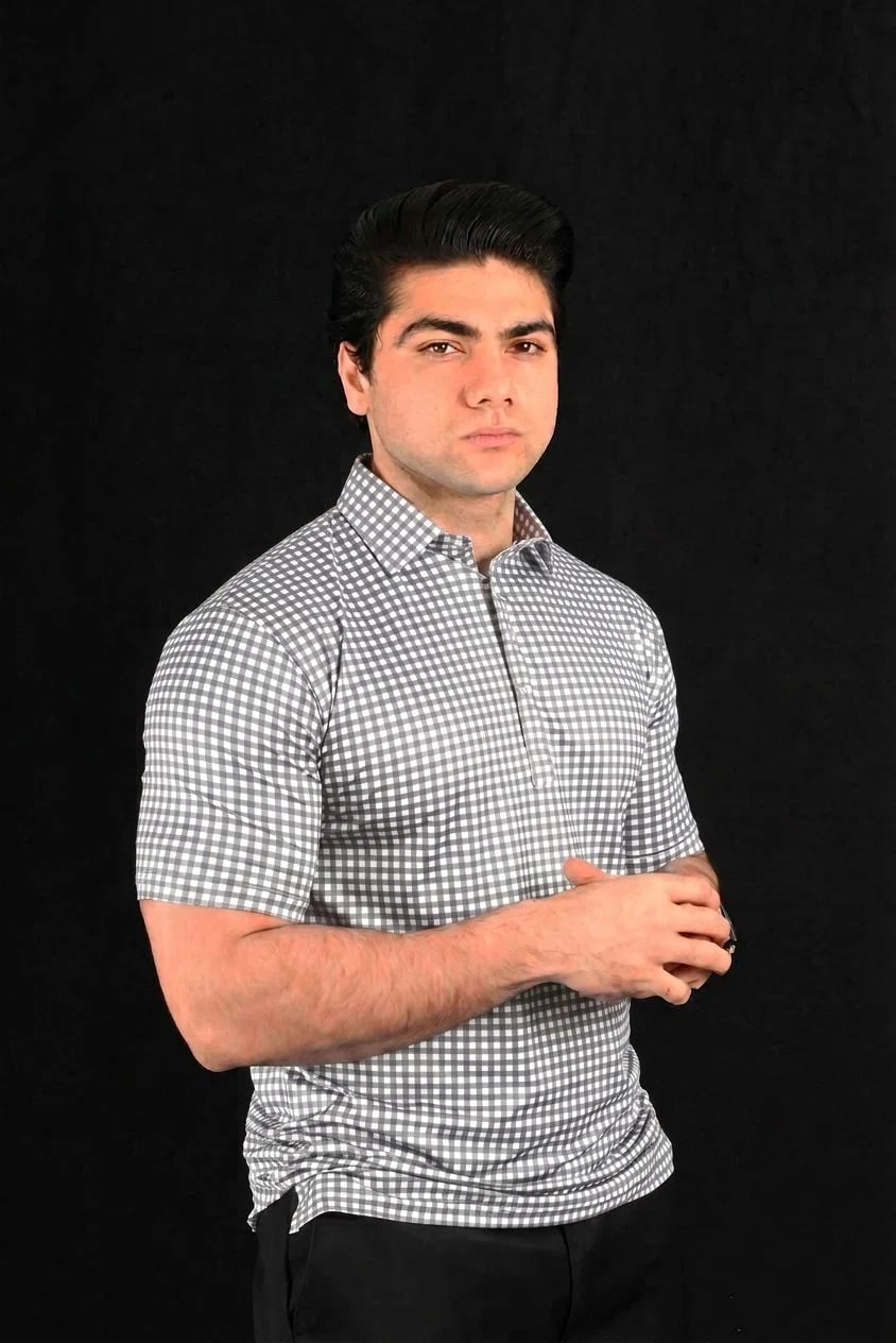 Slate Grid  Semi-Spread Dress Collar Polo – View 2