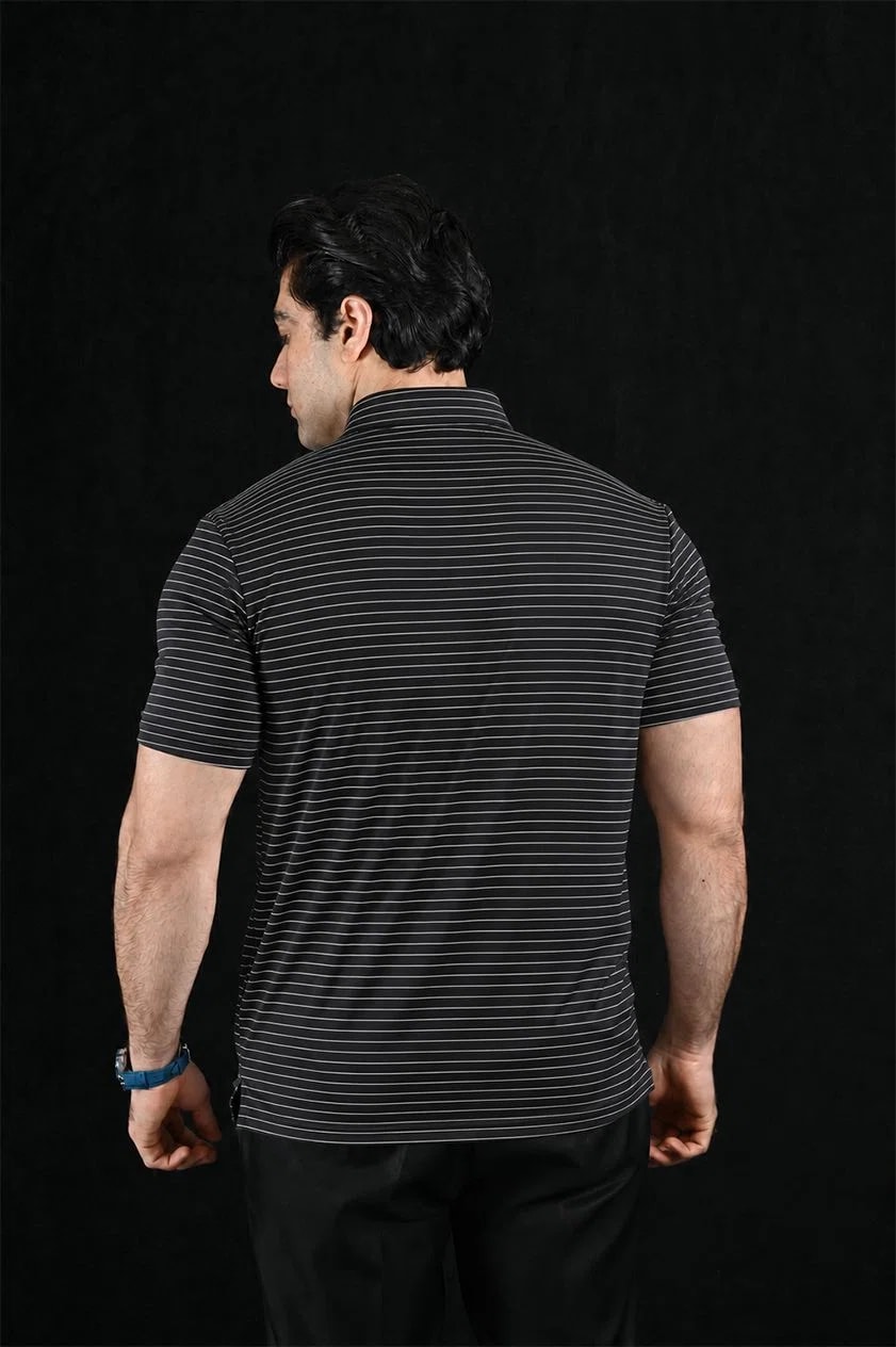 Horizon Black Strips Semi-Spread Dress Collar Polo – View 2