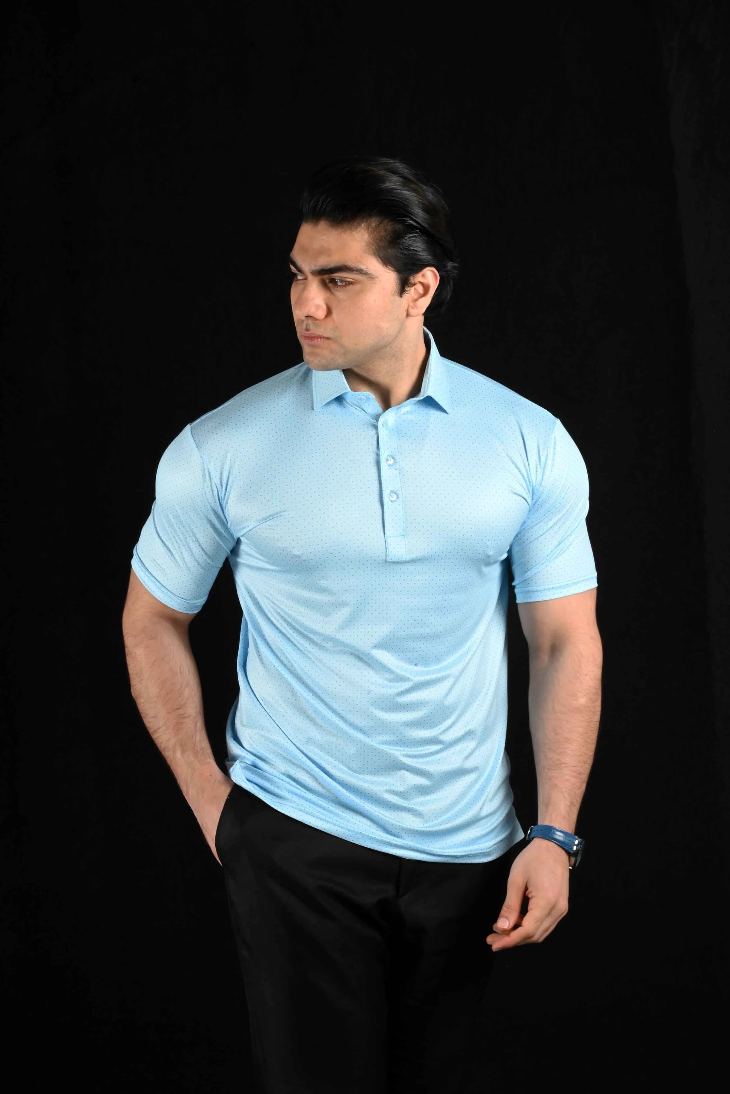 Blue Polka Dots Semi-Spread Dress Collar Polo – View 2