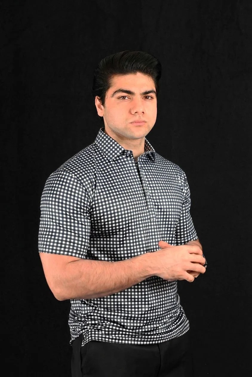 Black Check Semi-Spread Dress Collar Polo – View 1