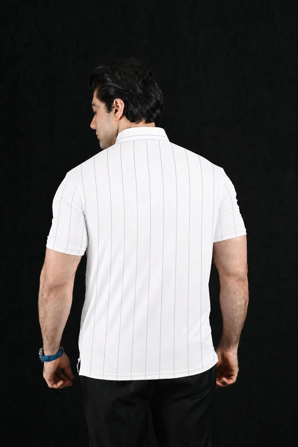Navy White Lines Semi-Spread Dress Collar Polo – View 2