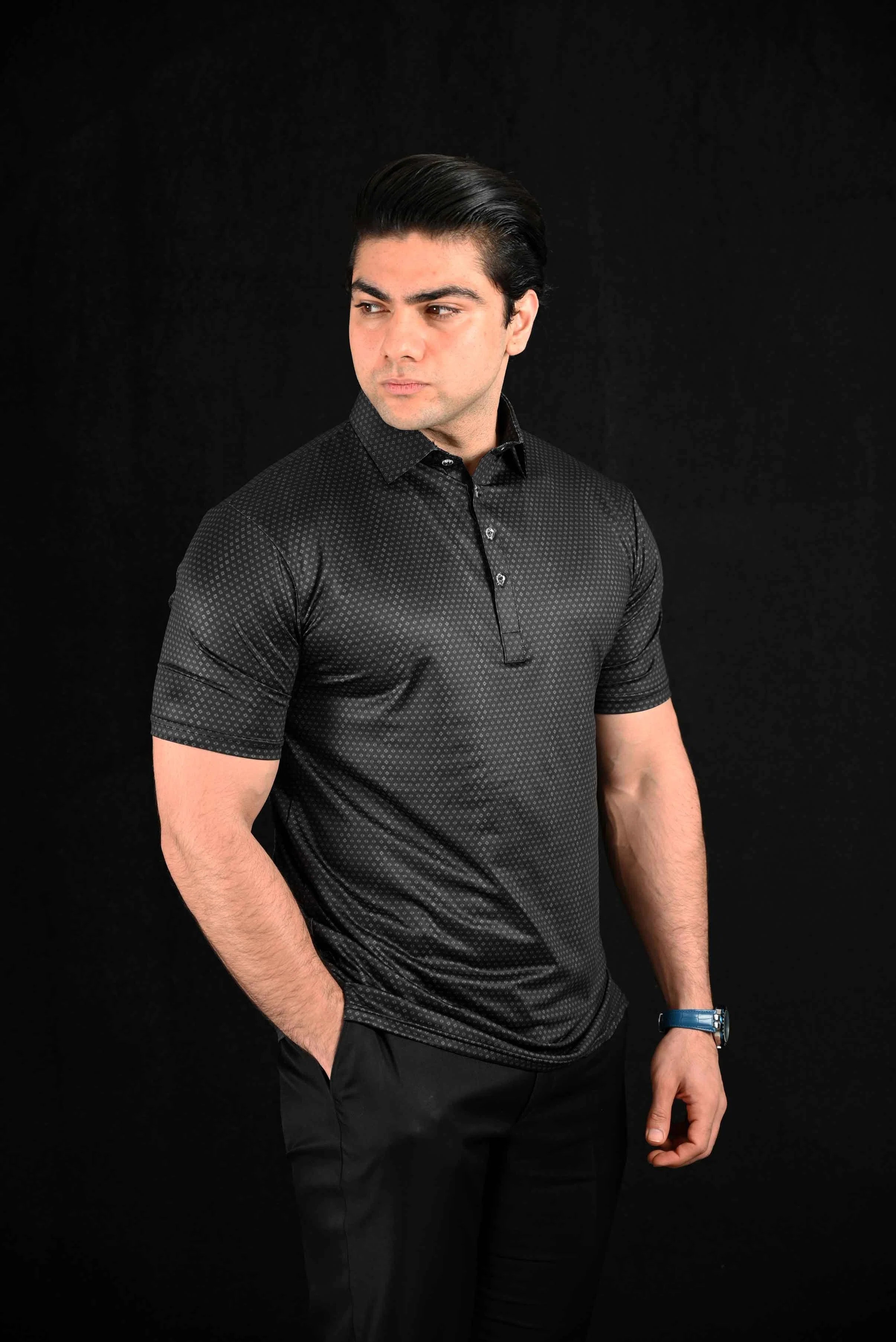 Deep Black Crown Semi-Spread Dress Collar Polo – View 2