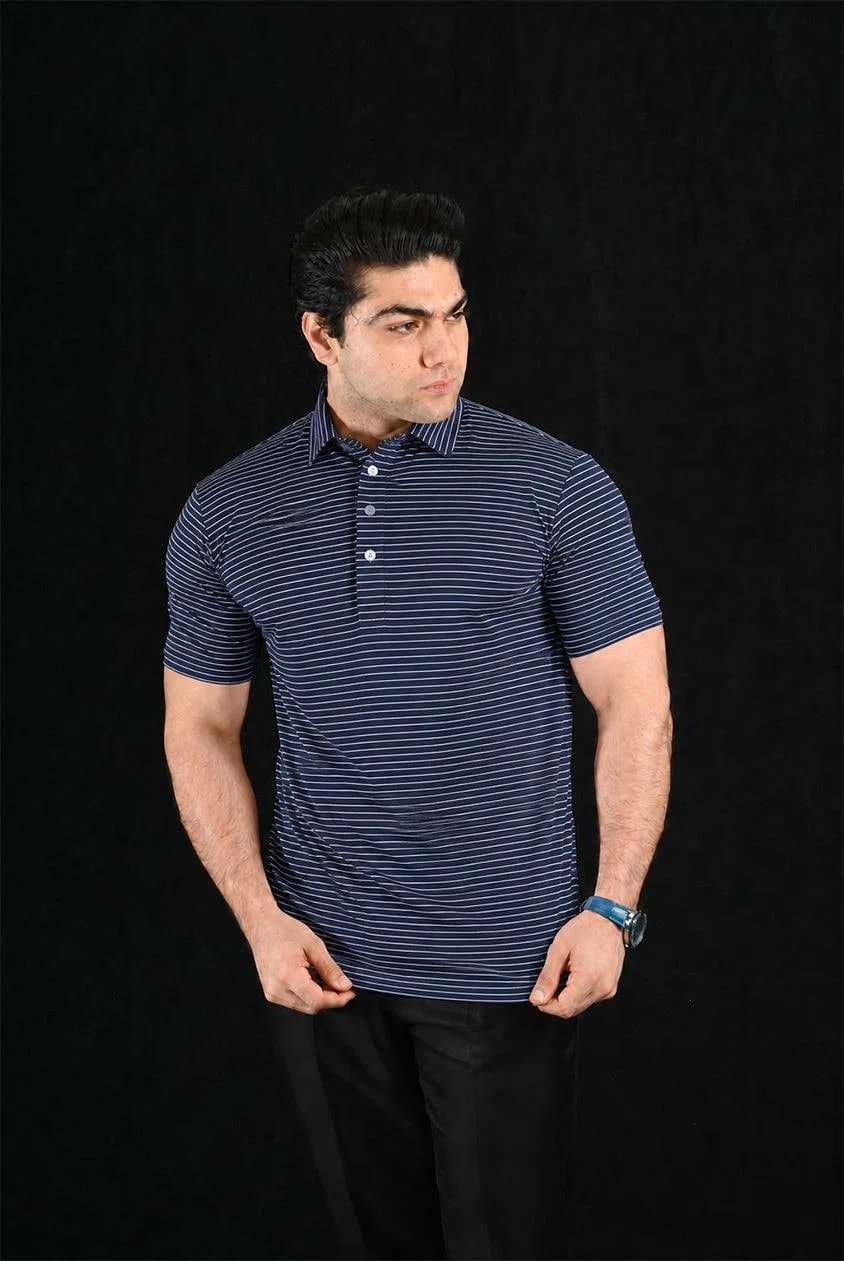 Horizon Navy Stripes Semi-Spread Dress Collar Polo – View 1