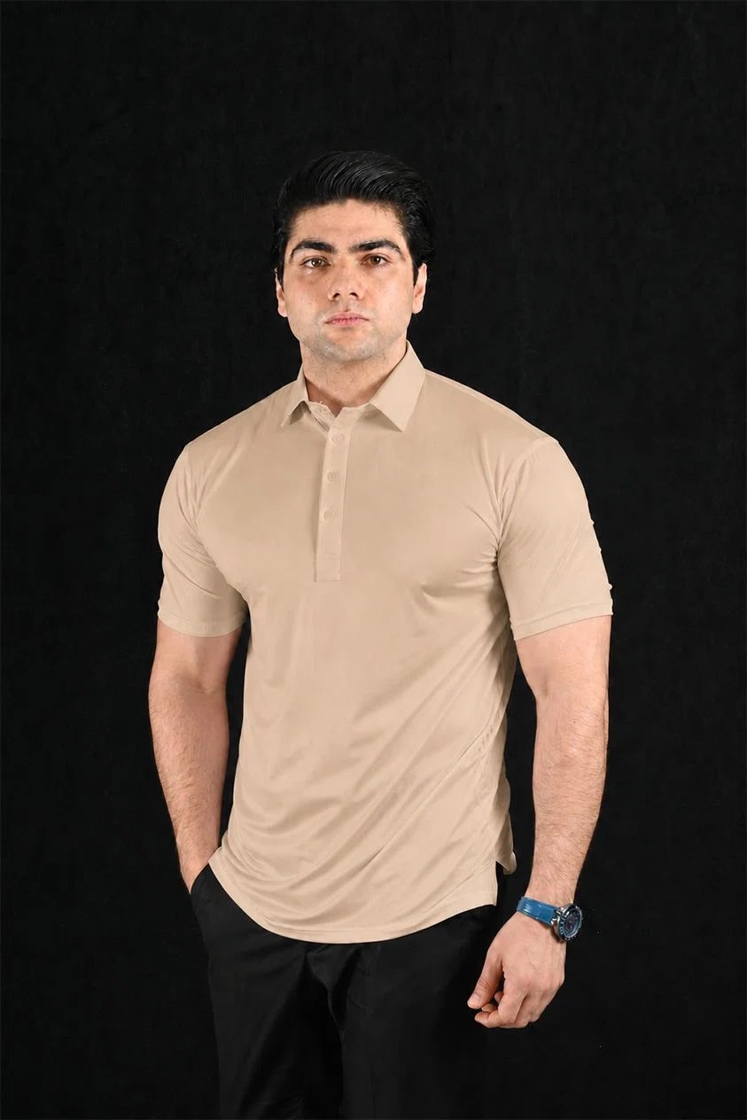 Plain Beige Semi-Spread Dress Collar Polo – View 1