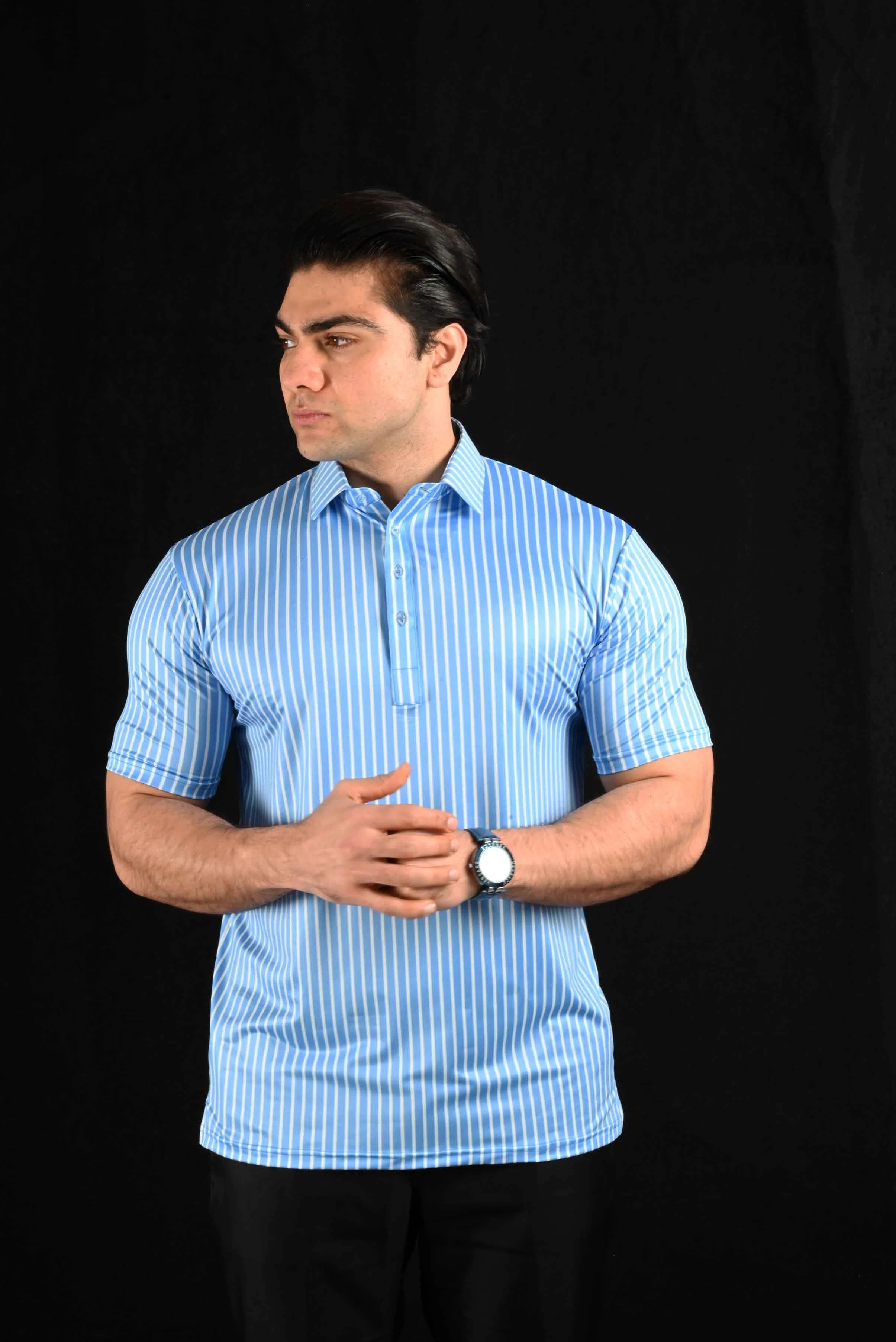 Blue White Stripes Semi-Spread Dress Collar Polo – View 2