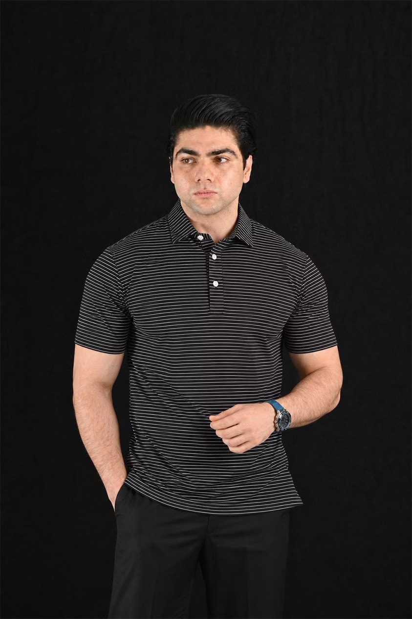 Horizon Black Strips Semi-Spread Dress Collar Polo – View 1