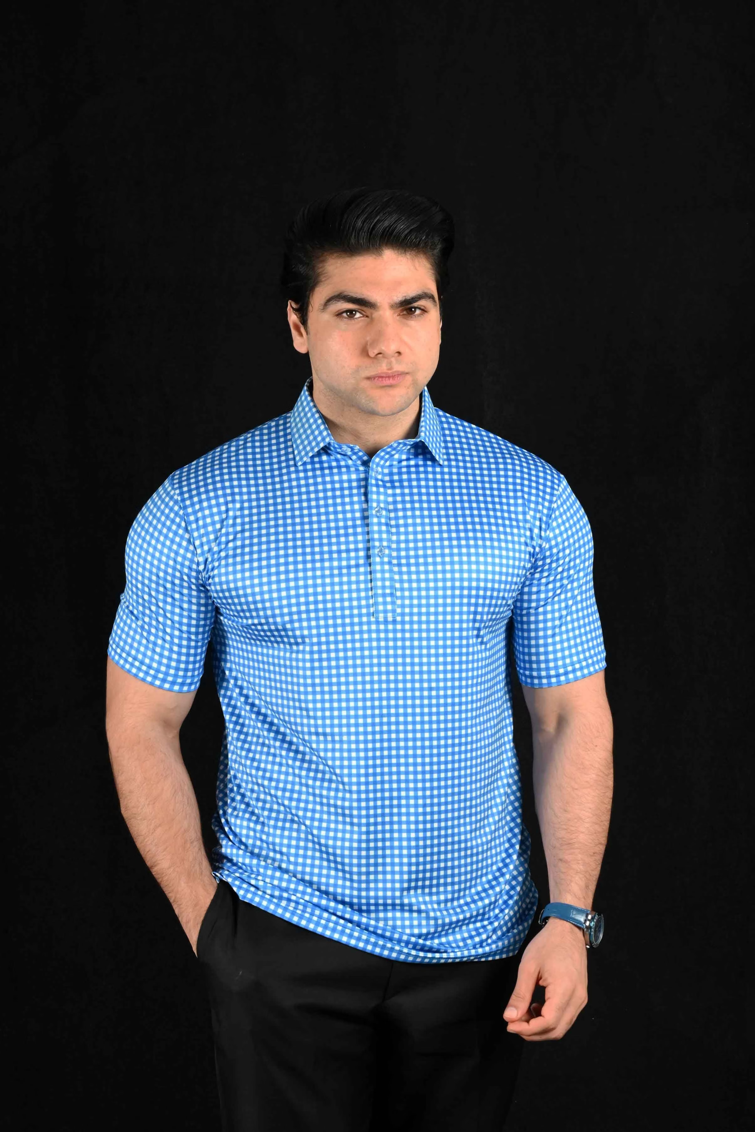 Light Blue Window Check Semi-Spread Dress Collar Polo – View 1