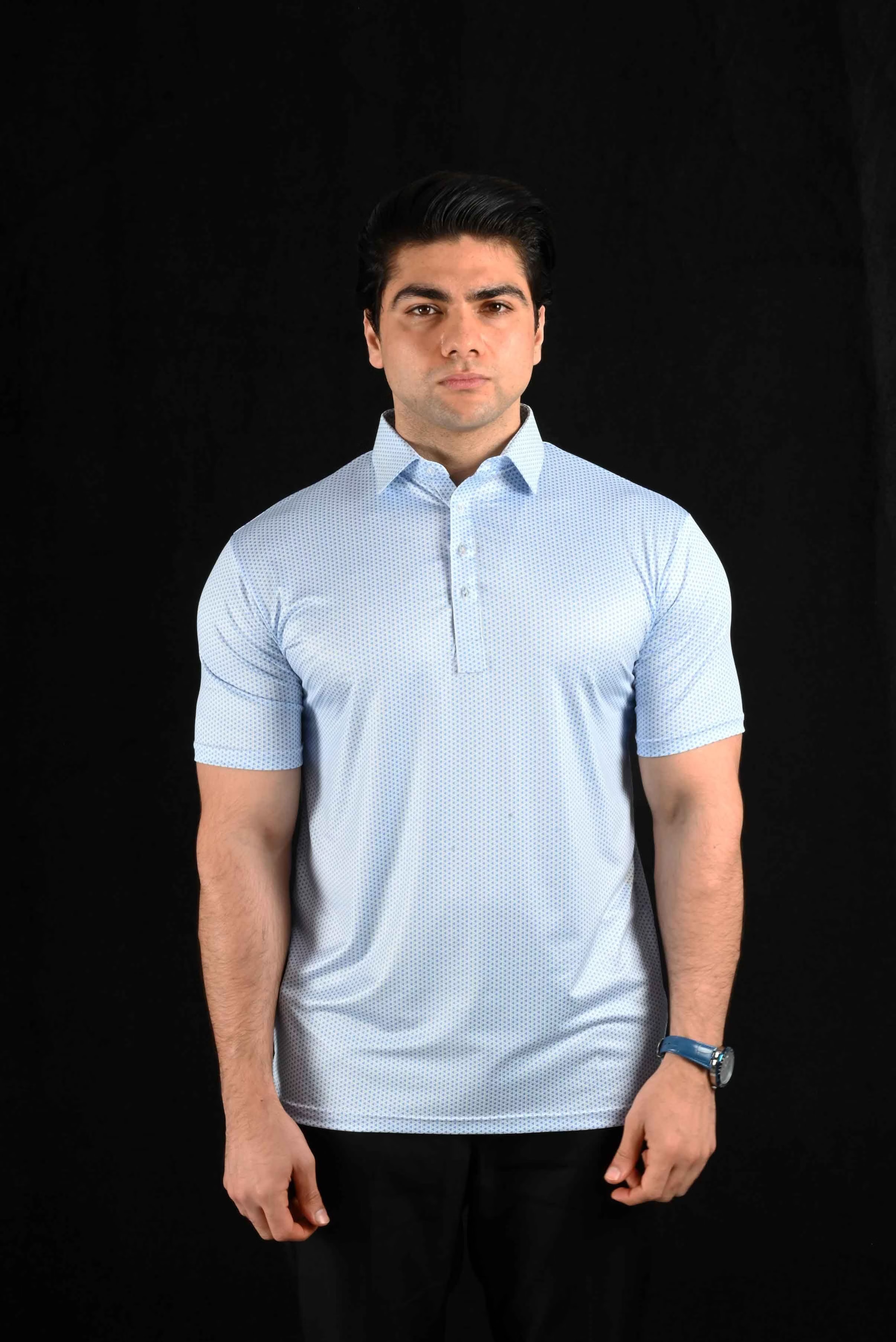 Micro Geometry light blue Semi-Spread Dress Collar Polo – View 1