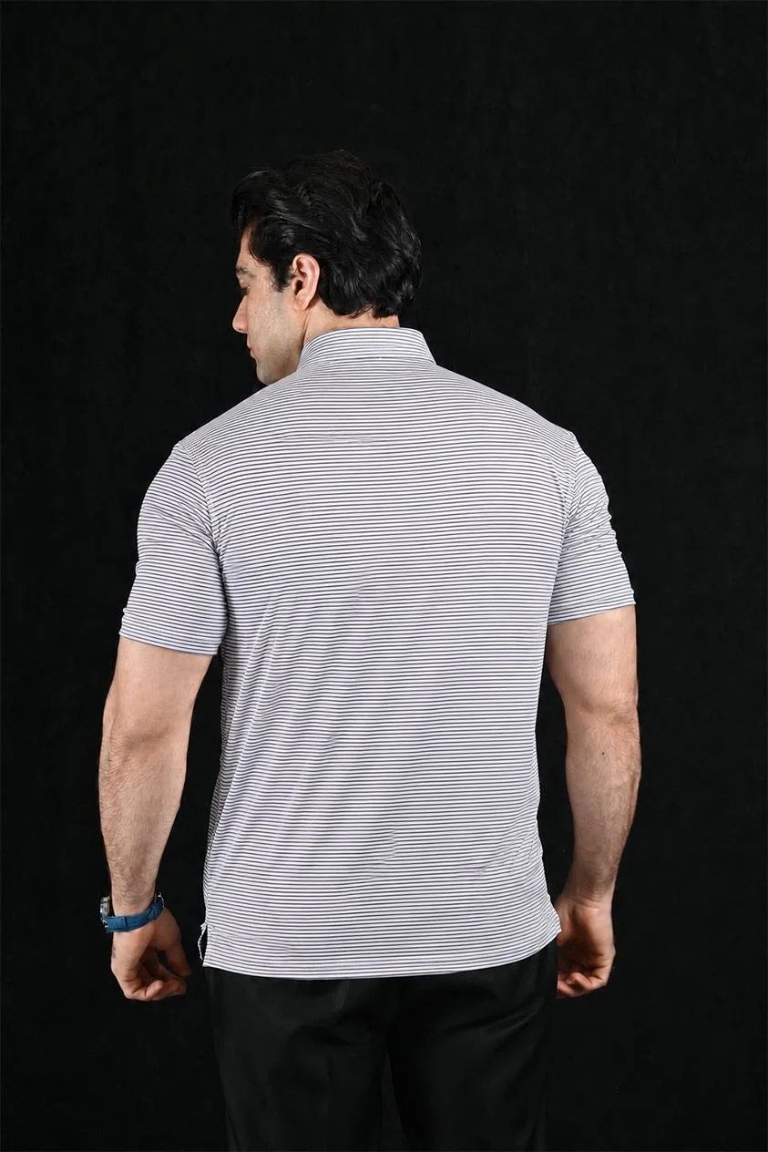 Horizon White Stripes Semi-Spread Dress Collar Polo – View 2