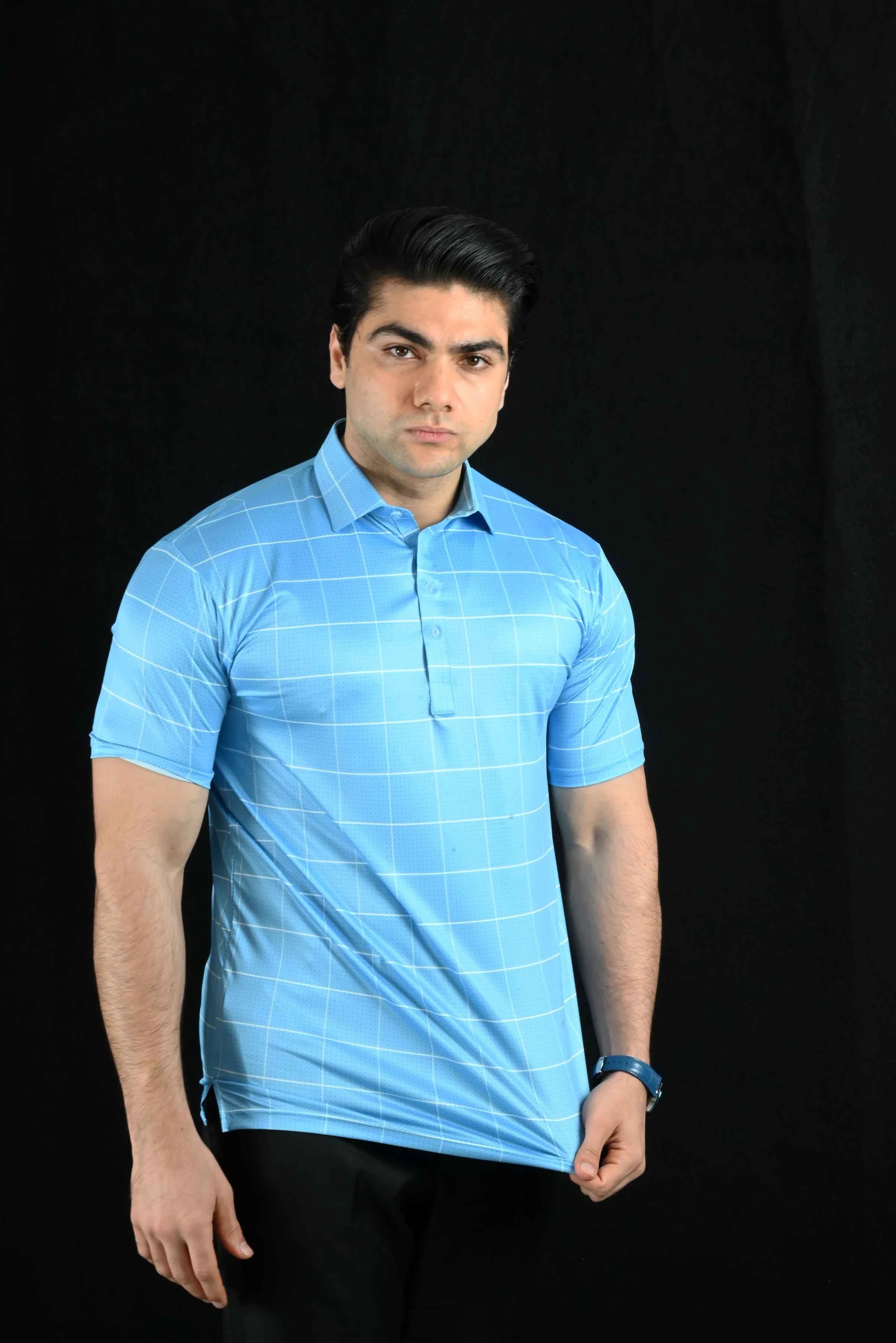 Light Blue Grid Semi-Spread Dress Collar Polo – View 2