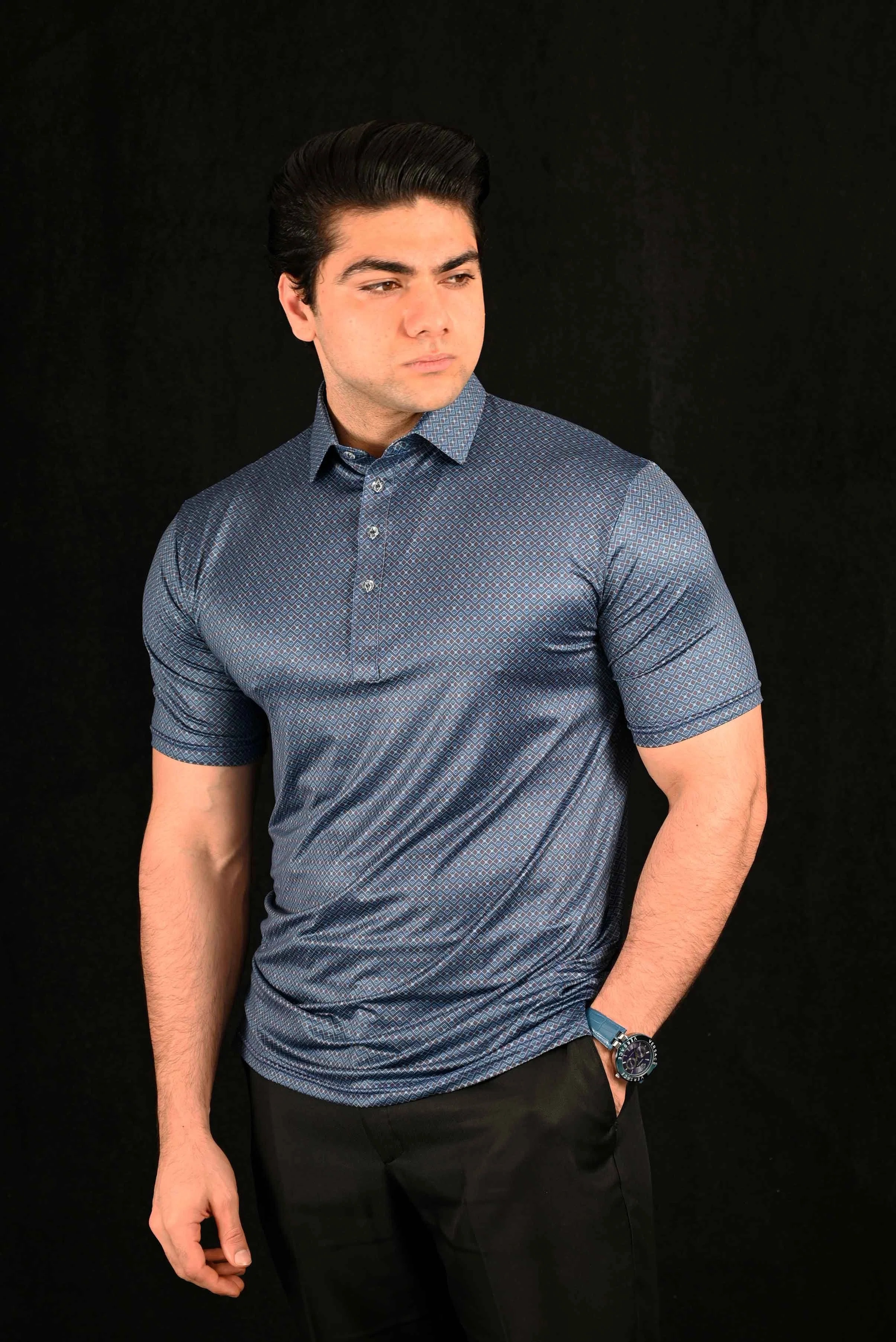 Midnight Navy Maroon Semi-Spread Dress Collar Polo – View 2