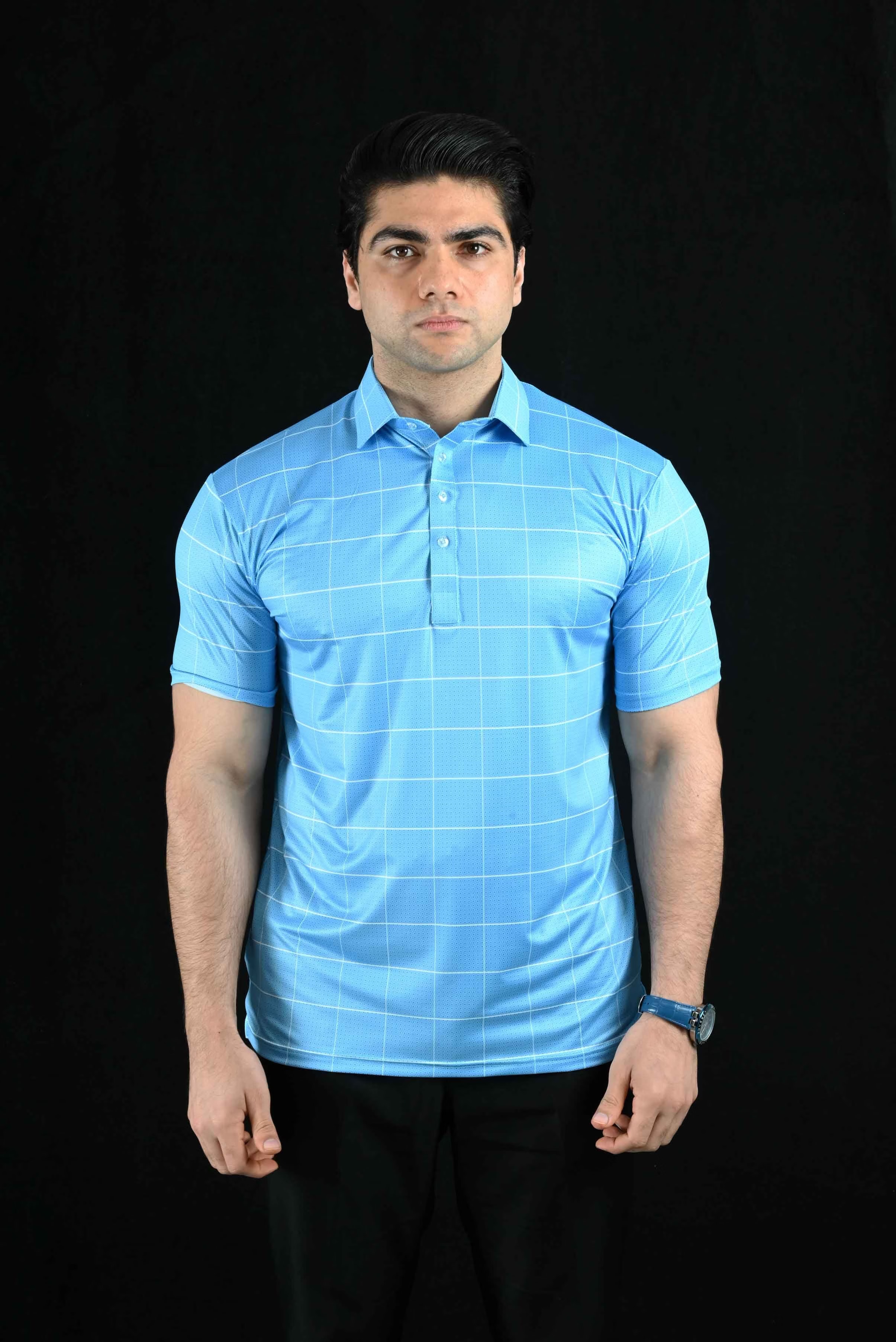 Light Blue Grid Semi-Spread Dress Collar Polo – View 1