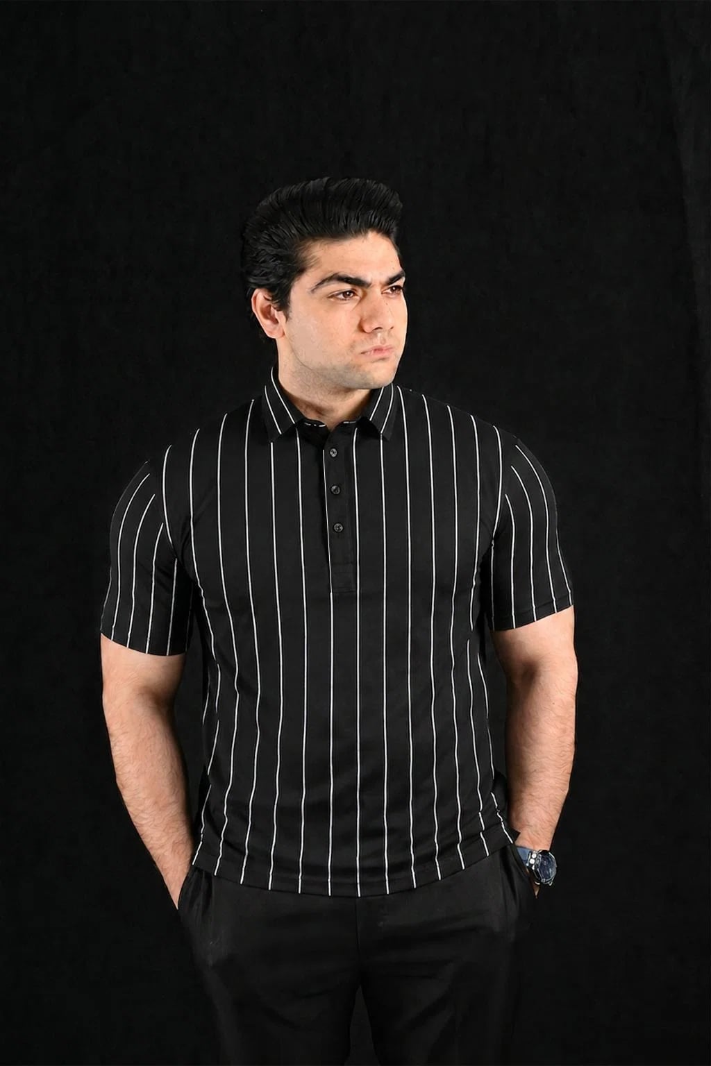 White Black Lines Semi-Spread Dress Collar Polo – View 2